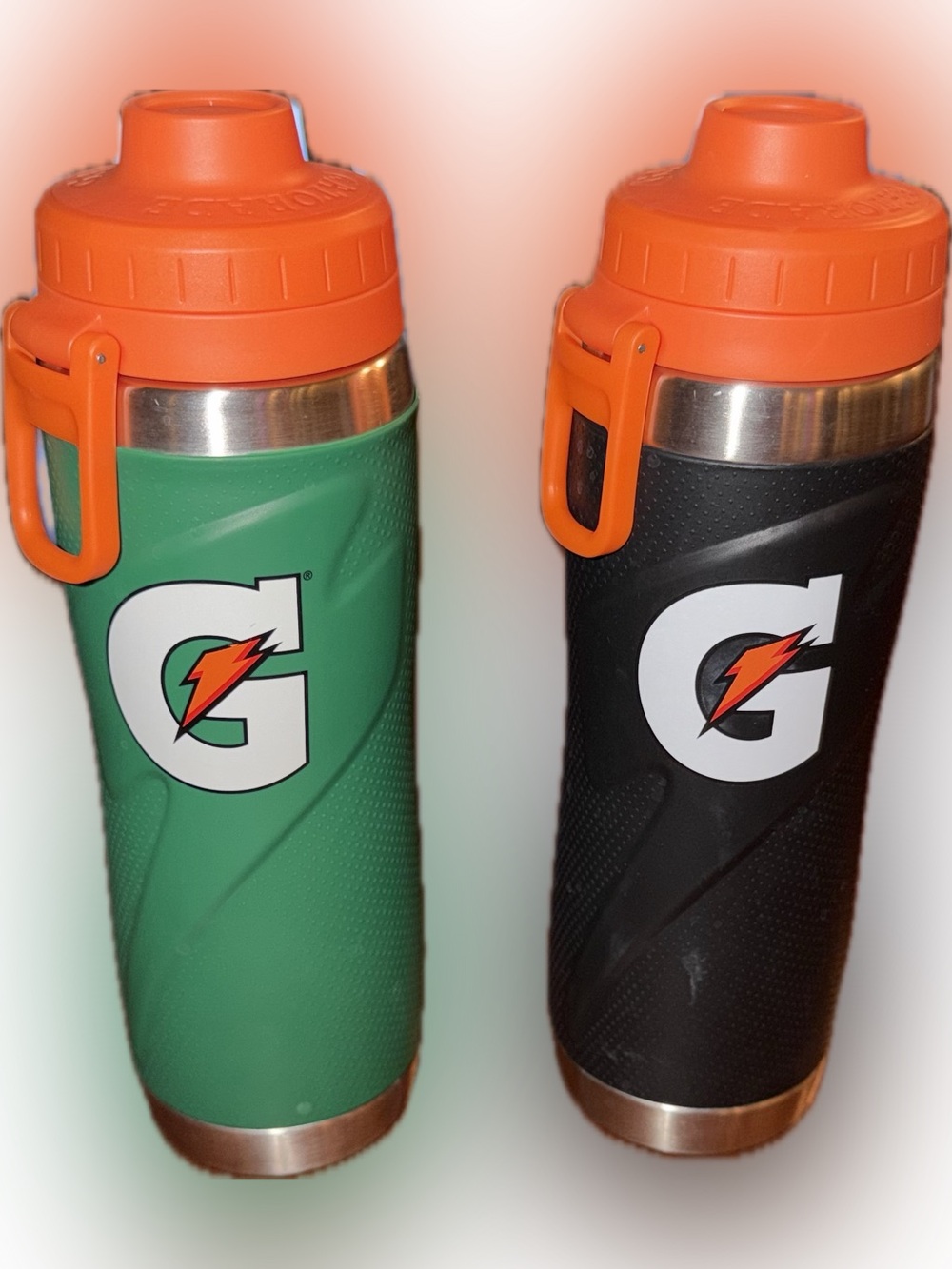 2 Gatorade Insulated Sport Bottles - Green & Black with Orange Lid, 26 oz.